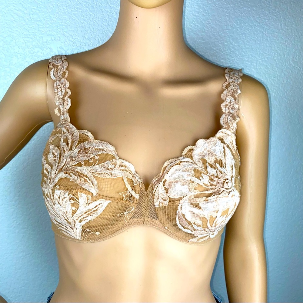 La Perla Nude Floral Embroidered Lace Fishnet Mesh Bra 36B NWT